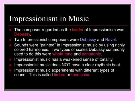 impressionism music definition: How does impressionist music differ from its predecessors and contemporaries?